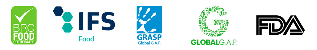 Quality certificates: BRC Food, IFS Food, GRASP Global G.A.P., GLOBALG.A.P. and FDA